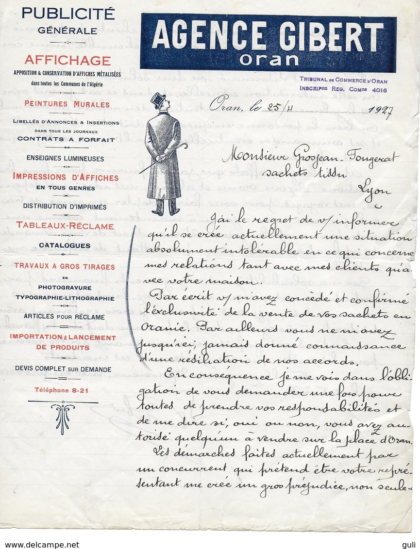 Lettre De 1927 Algérie  AGENCE GIBERT Oran Publicité Générale Affichage à Mr Grosjean Fougerat Lyon - Autres & Non Classés