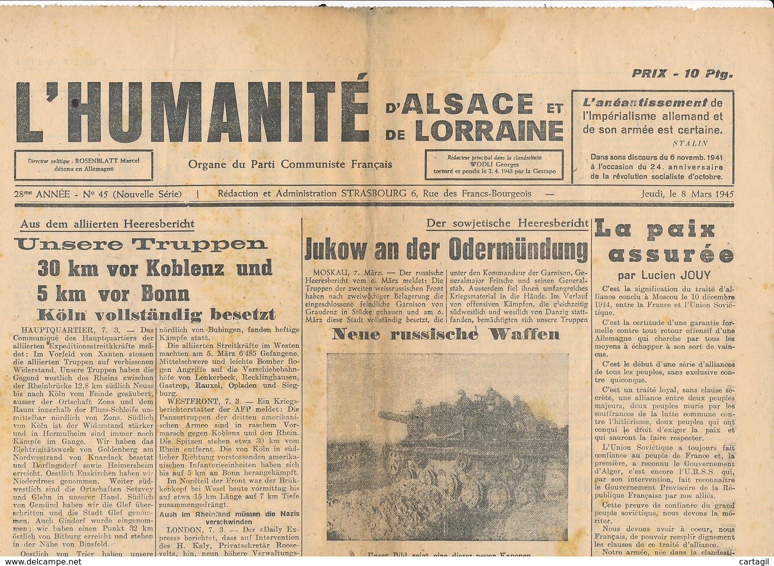 Humanité Alsace Lorraine 1945- B3719- ( Edition,  Date , Contenu ,  état ... Scan)-Envoi Gratuit - Documenti