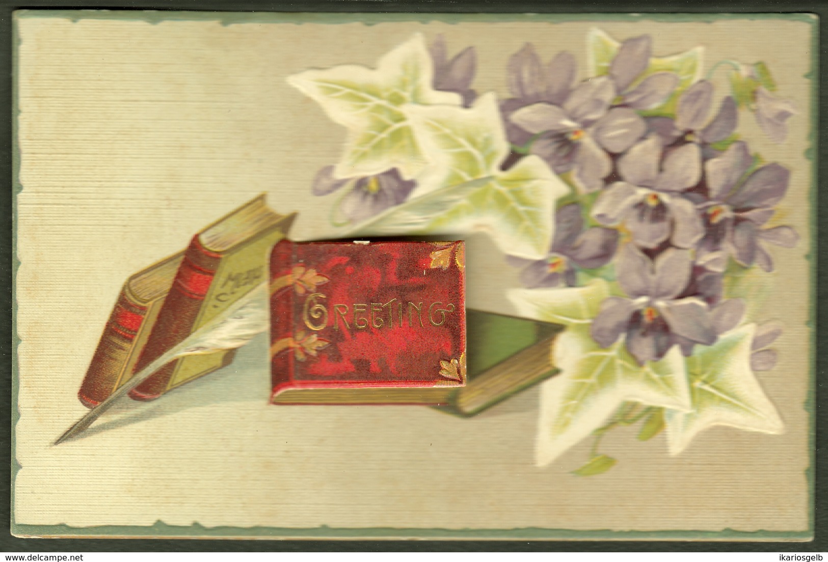 USA 1910 Embossed Card With Flowers AND Applicated Little Book On, Wishes Inside - Mechanical