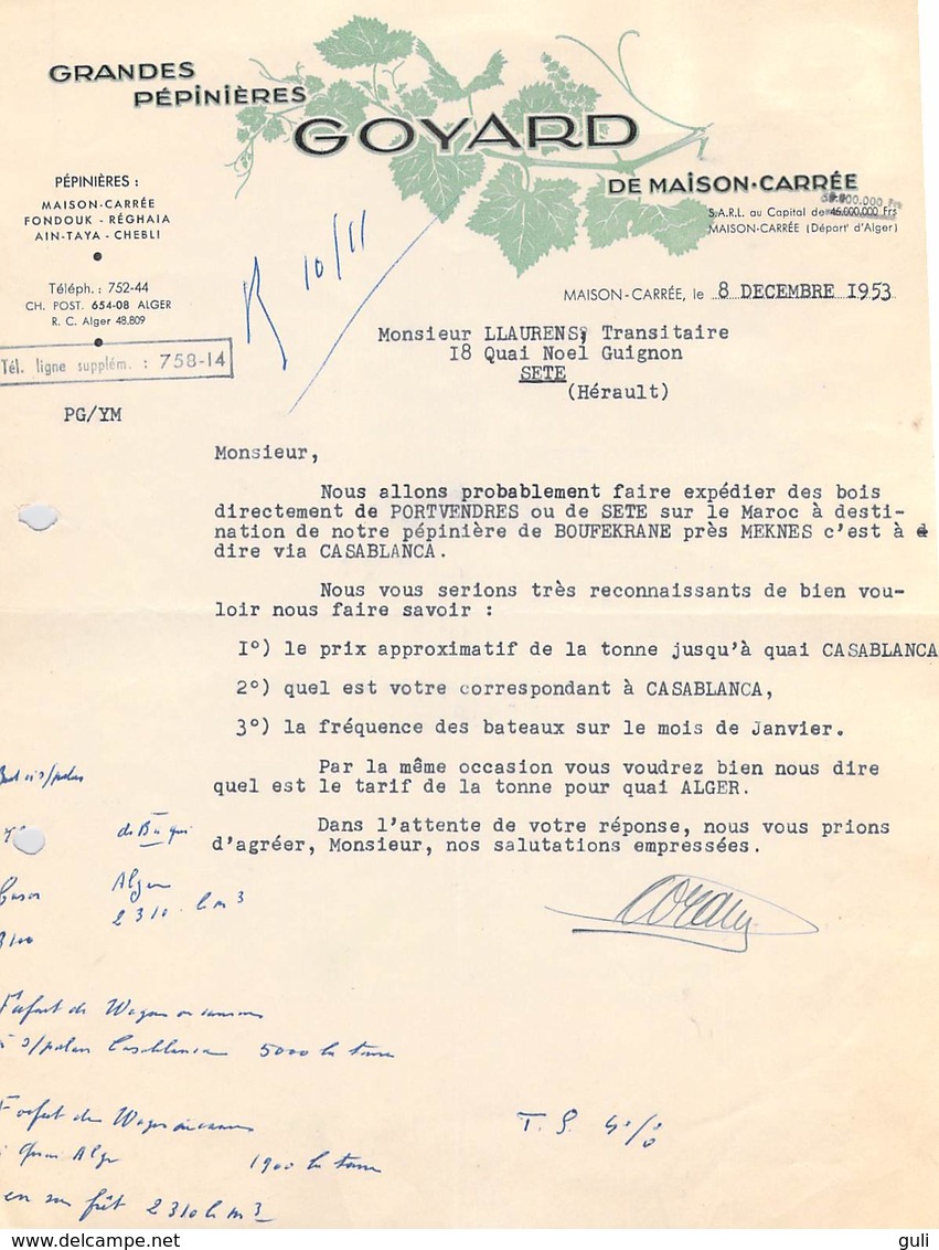 Lettre De 1953  Algérie GRANDES PEPINIERES GOYARD De MAISON CARREE (El Harrach Alger) à Llorens Sète *PRIX FIXE - Autres & Non Classés