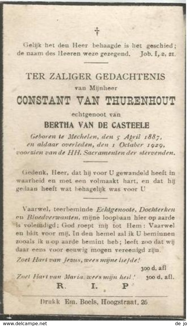 VAN THURENHOUT Constant °1887  +1929 Mechelen E. Van De Casteele Doodsprentje Image Mortuaire Funeral Card - Religion & Esotérisme