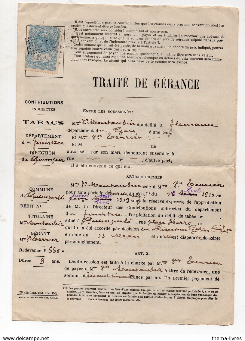 Quimperlé (29 Finistère)  Traité De Gérance D'un Débit De Tabac 1910  Avec Timbre Fiscal 1f Et 2/10 (PPP11630A) - Other & Unclassified