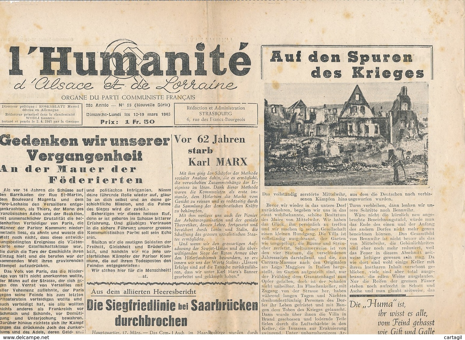 Humanité Alsace Lorraine 1945- B3719- ( Edition,  Date , Contenu ,  état ... Scan)-Envoi Gratuit - Documenti