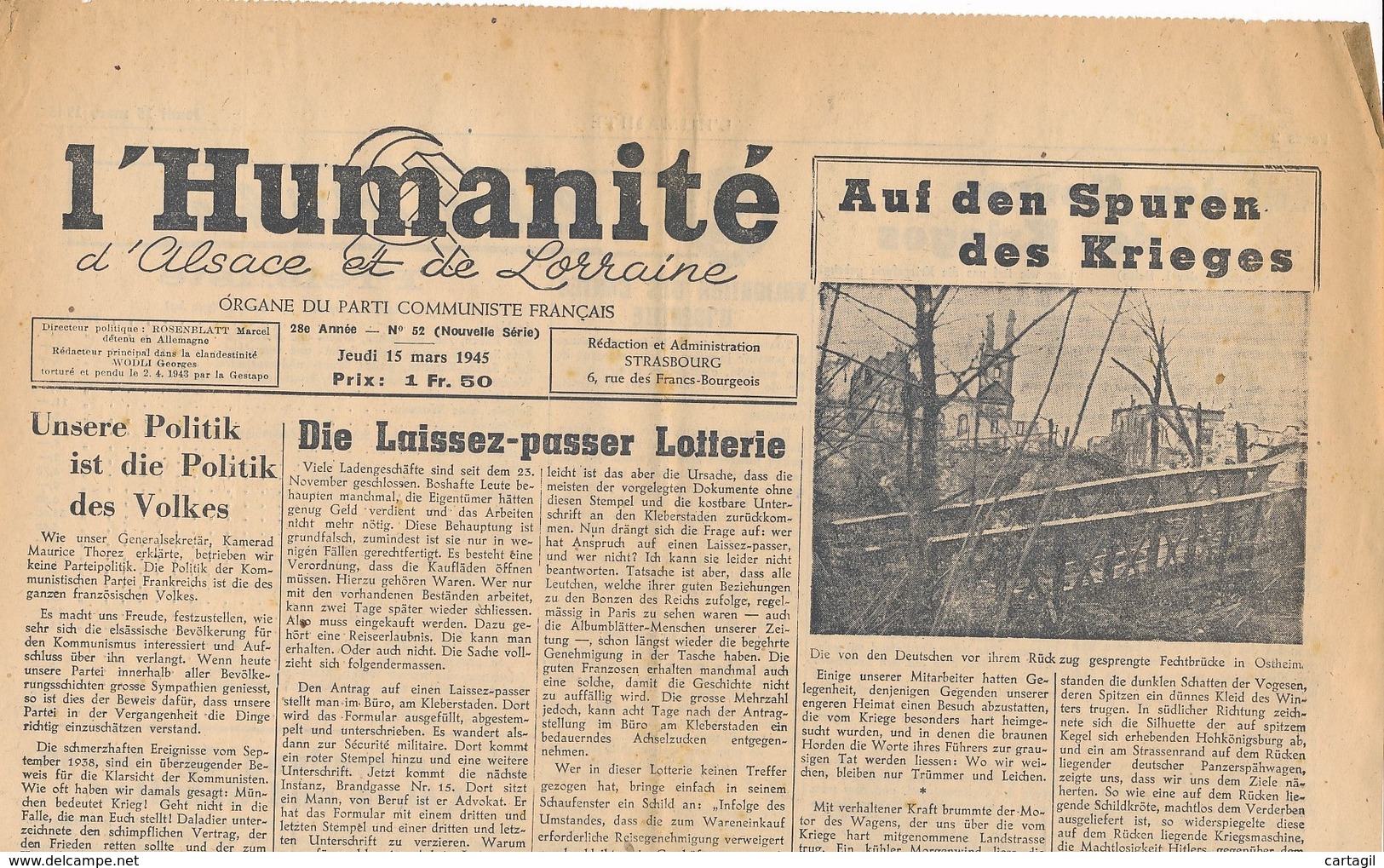 Humanité Alsace Lorraine 1945- B3719- ( Edition,  Date , Contenu ,  état ... Scan)-Envoi Gratuit - Documenti