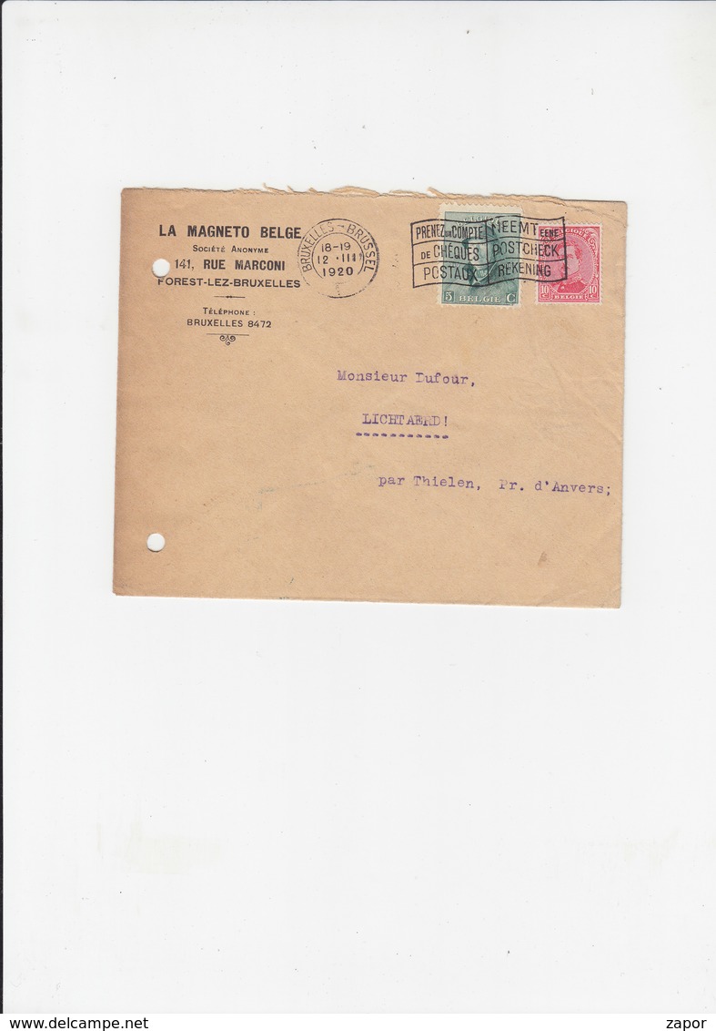 Omslagbrief 1920 Brussel - Lichtaart - Tielen / Albert I - 138 - 1915 / 167 - 1919 - Buste-lettere