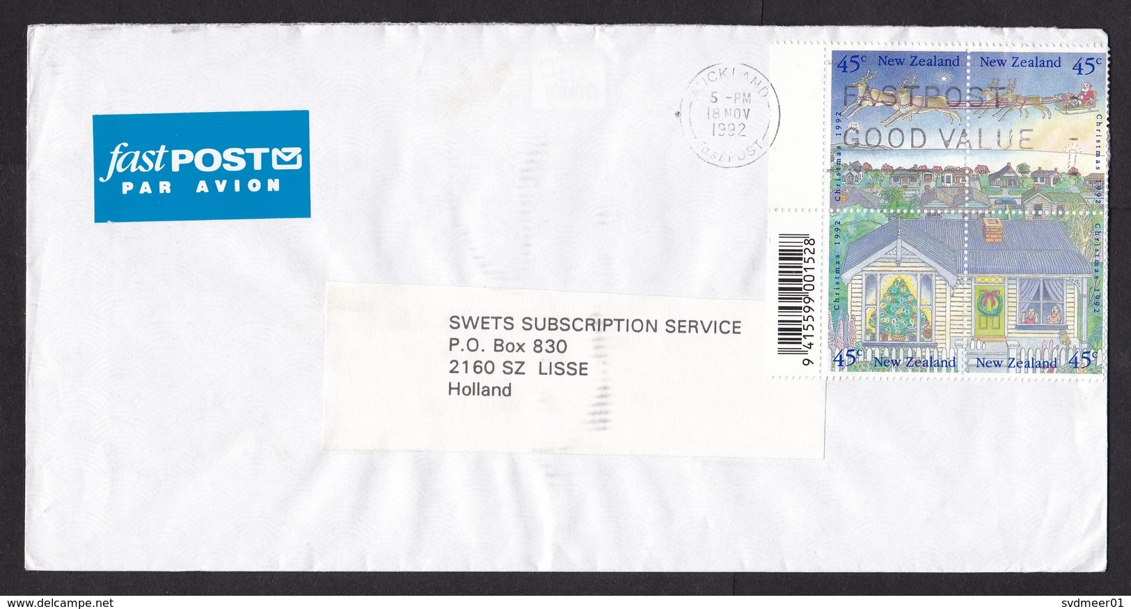 New Zealand: Airmail Cover To Netherlands, 1992, 4 Stamps, Christmas, Santa Claus, Fastpost Label (minor Damage) - Brieven En Documenten
