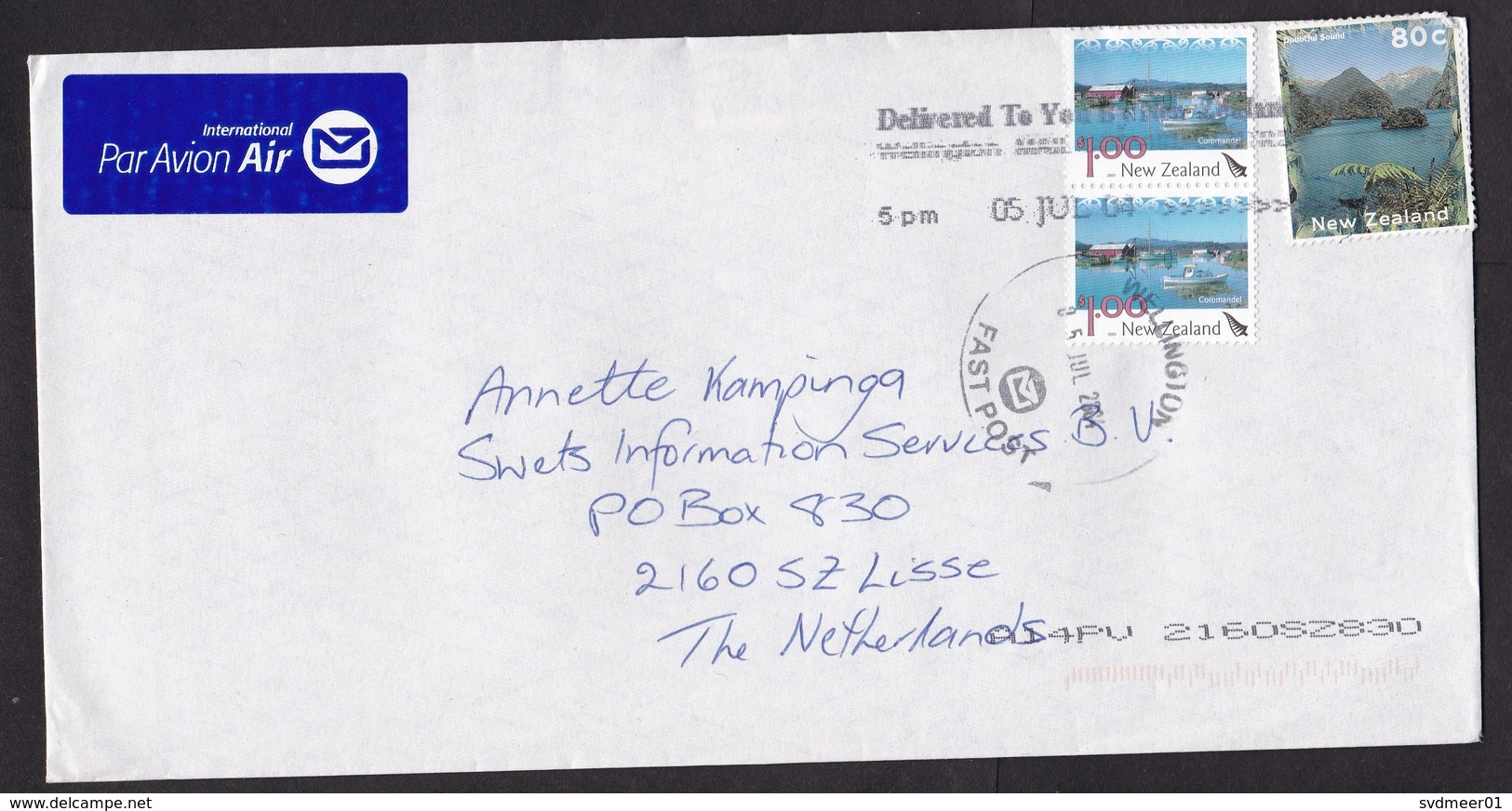 New Zealand: Airmail Cover To Netherlands, 2004, 3 Stamps, Landscape, Ship, Fastpost Cancel, Air Label (damaged) - Lettres & Documents