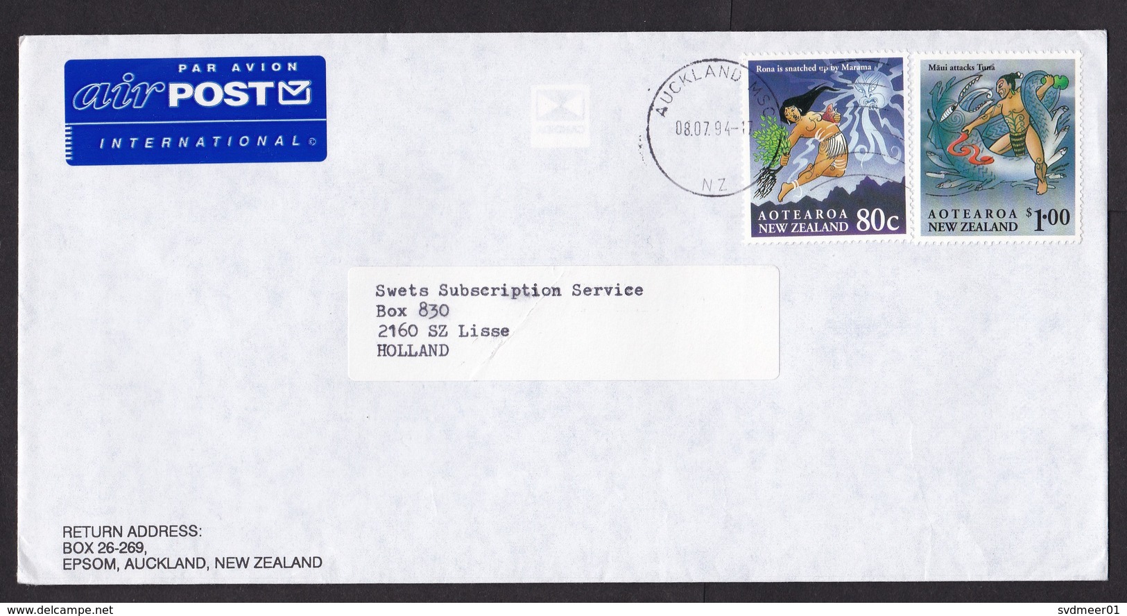 New Zealand: Airmail Cover To Netherlands, 1994, 2 Stamps, Maori Native Legend, Myth, Air Label (traces Of Use) - Covers & Documents