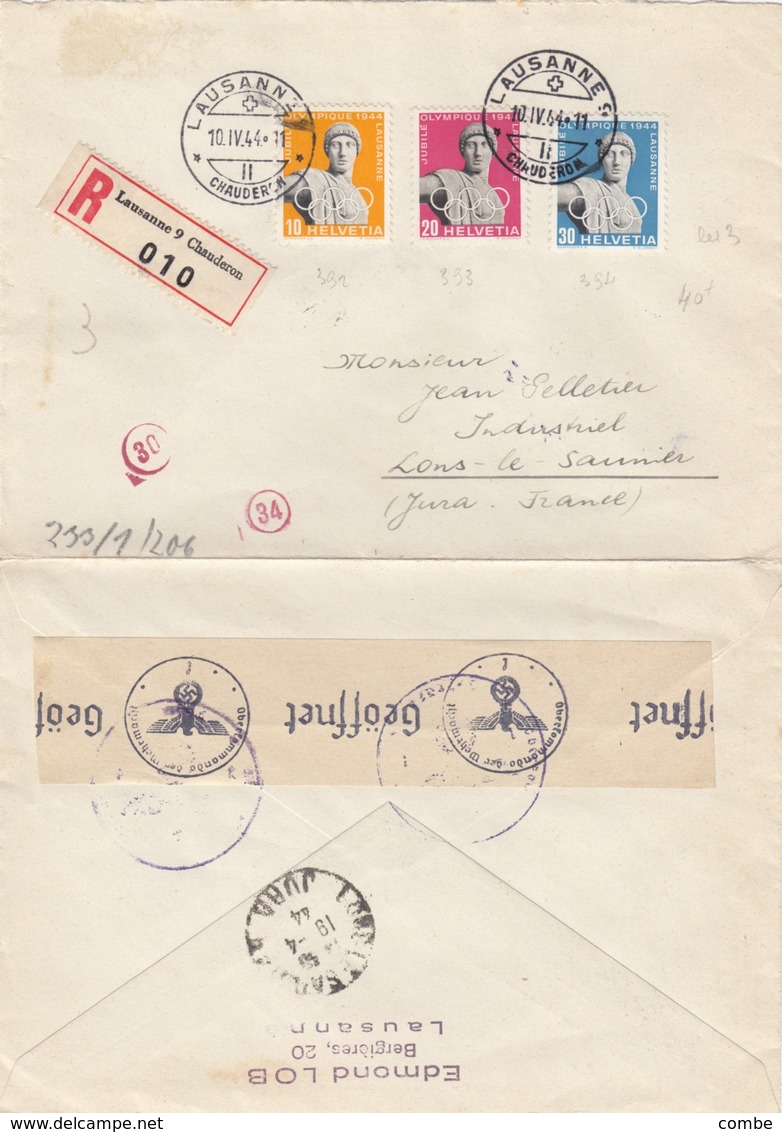 SUISSE. LETTRE.  1944. JUBILE OLYMPIQUE. RECOMMANDÉ LAUSANNE POUR LONS LE SAUNIER FRANCE. CENSURE ALLEMANDE - Lettres & Documents