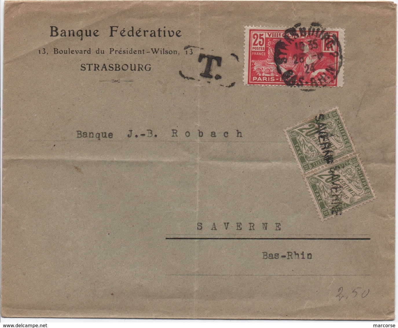 ALSACE TAXE 20c Banderole Duval Annulé Griffe Linéaire SAVERNE Lettre 2ème échelon Strasbourg 1924 25c Jeux Olympiques - 1859-1959 Storia Postale