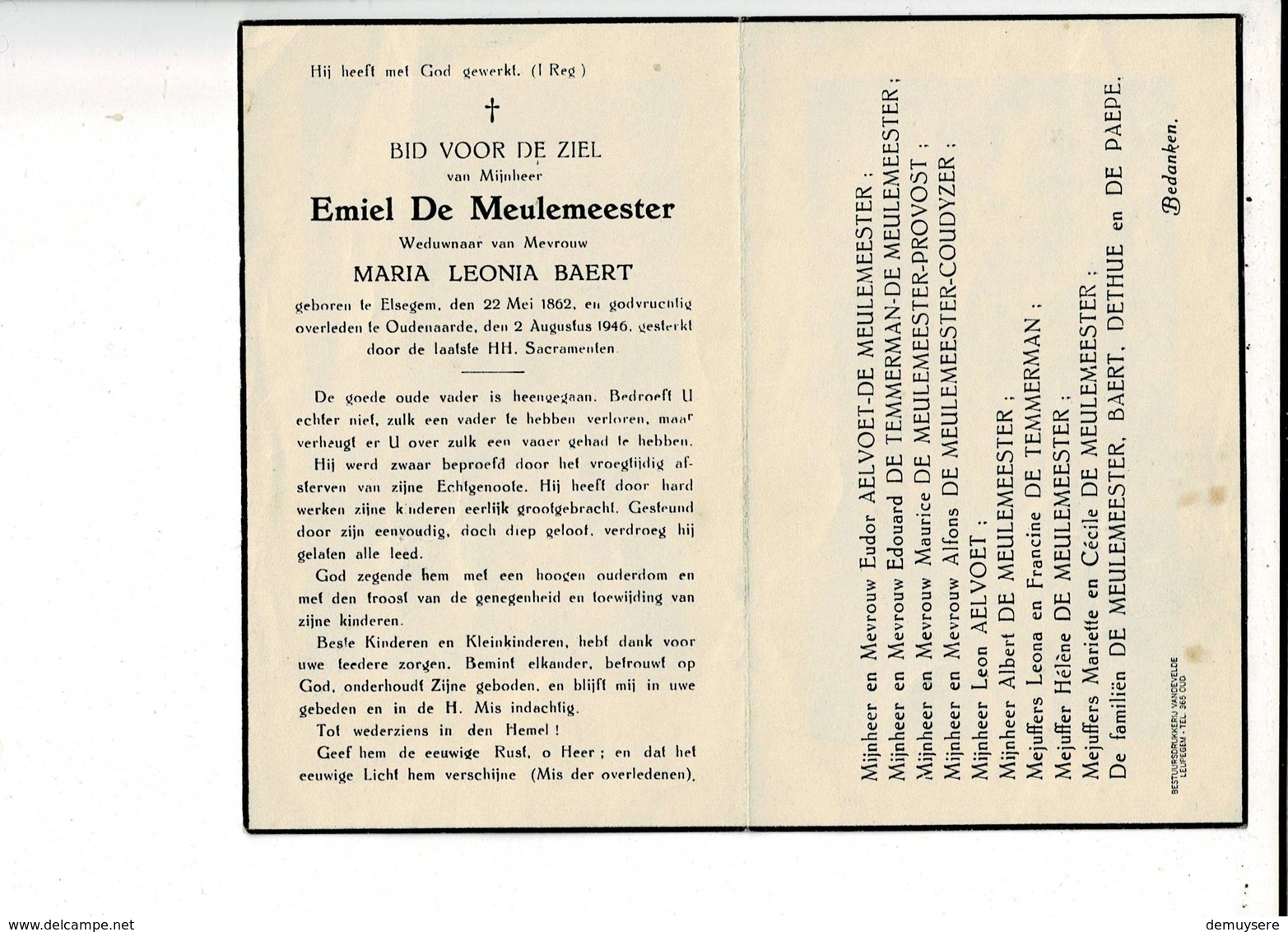 DP 10030 - EMIEL DE MEULEMEESTER - BAERT - ELSEGEM 1862 + OUDENAARDE 1946 - Images Religieuses
