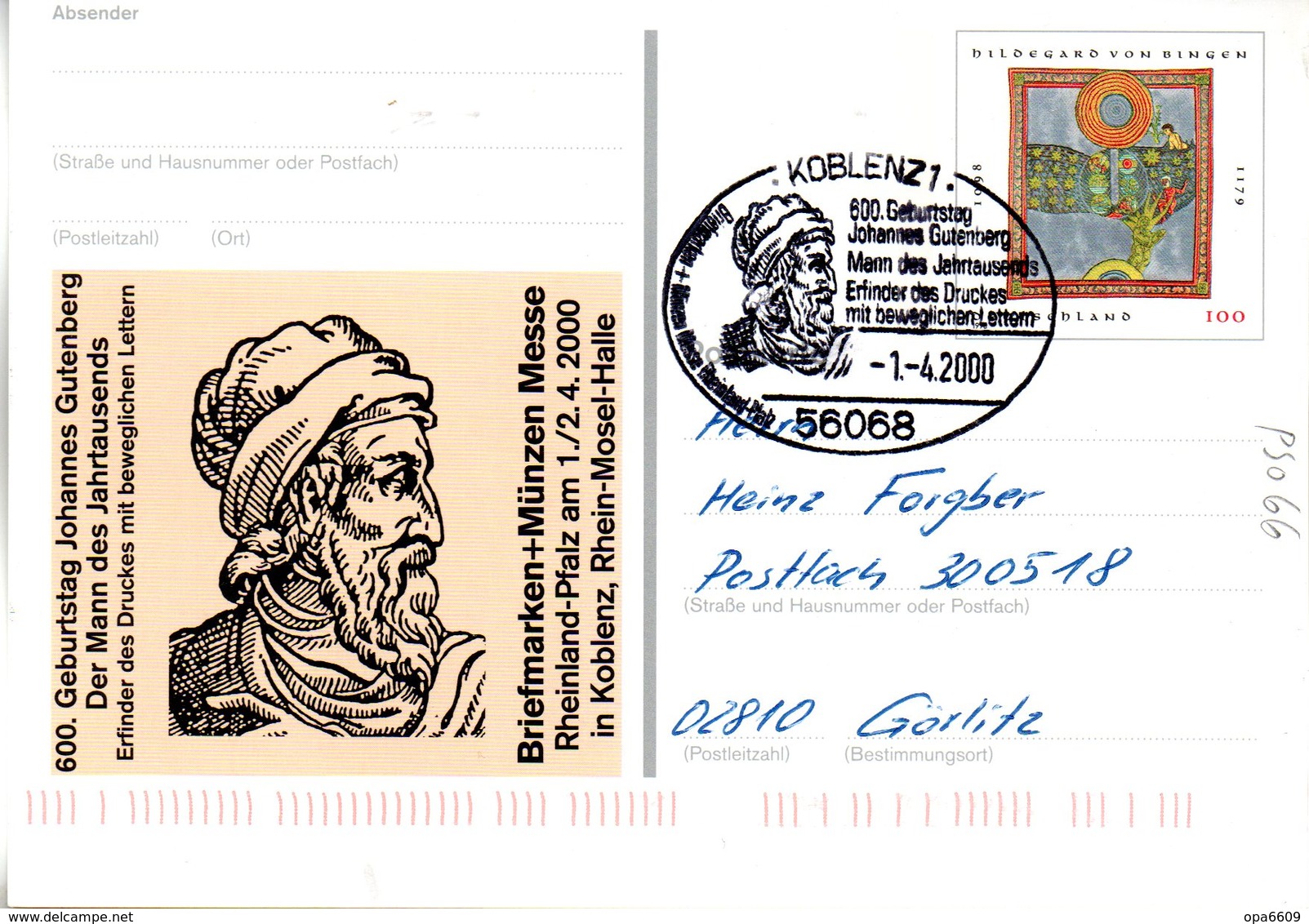 BRD Amtl. GZS-Sonderpostkarte PSo 66 "BM+Münzen Messe Rheinland Pfalz" WSt "Hildegard Von Bingen", SSt. 1.4.2000 KOBLENZ - Postkaarten - Gebruikt