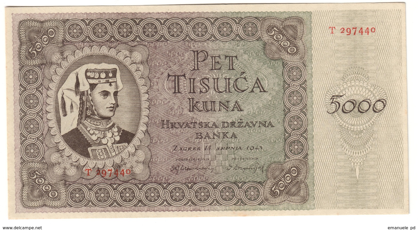 CROATIA	5000	KUNA	15/07/1943	P14	UNC			.CV. - Croatia