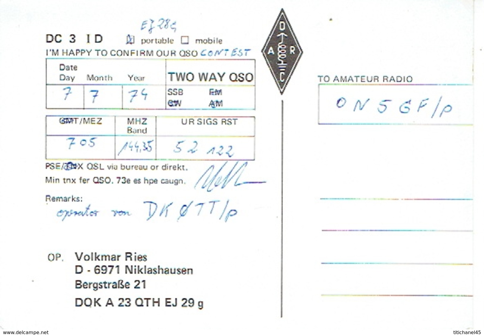 QSL - GERMANY - DC3ID - VOLKMAR RIES - NIKLASHAUSEN -  1974 - Radio-amateur