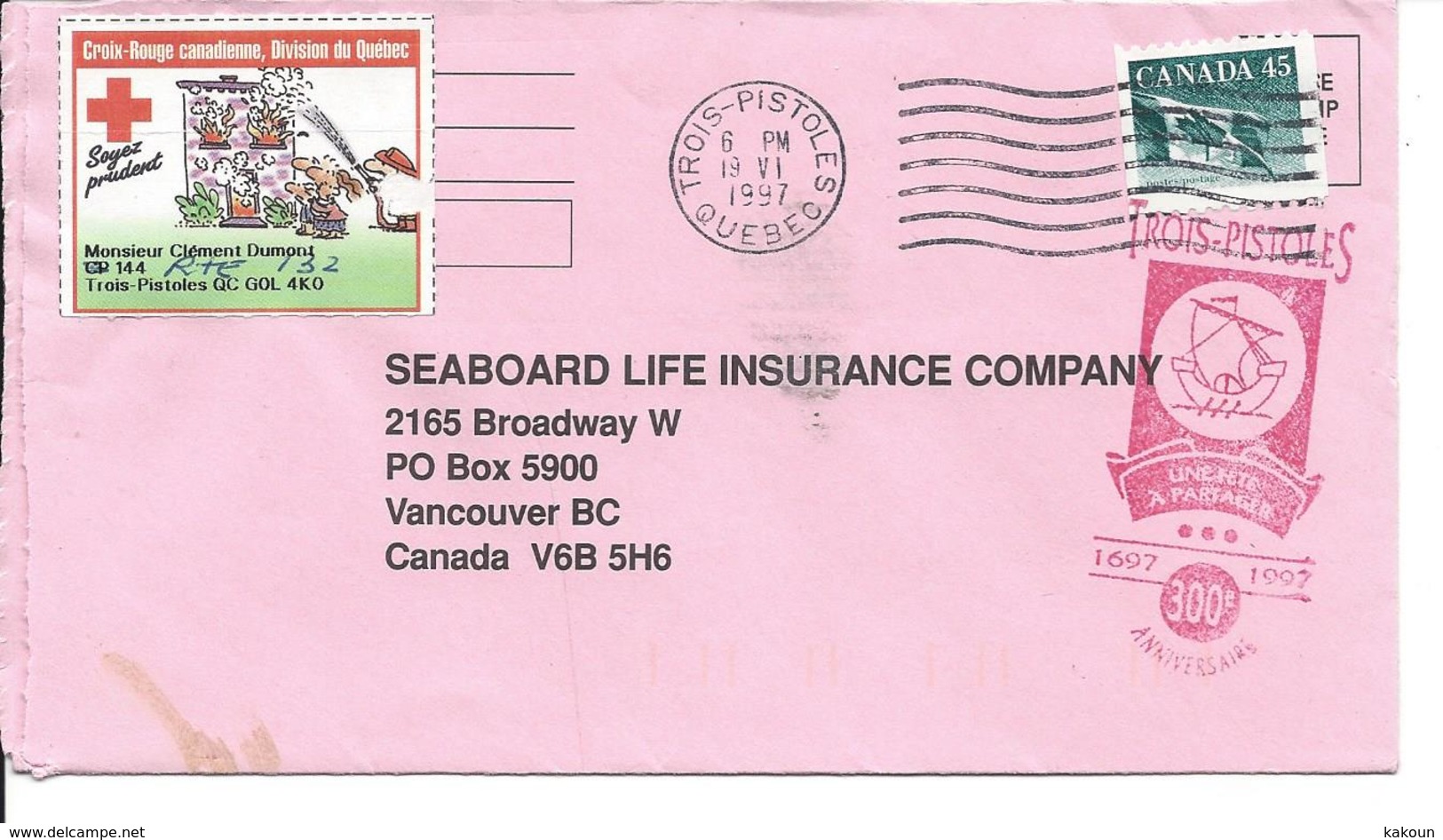 Enveloppe De La Seaboard Life Insurance Company, Vancouver, Cachet Du 300ième De Trois-Pistoles (12367) - Postal History