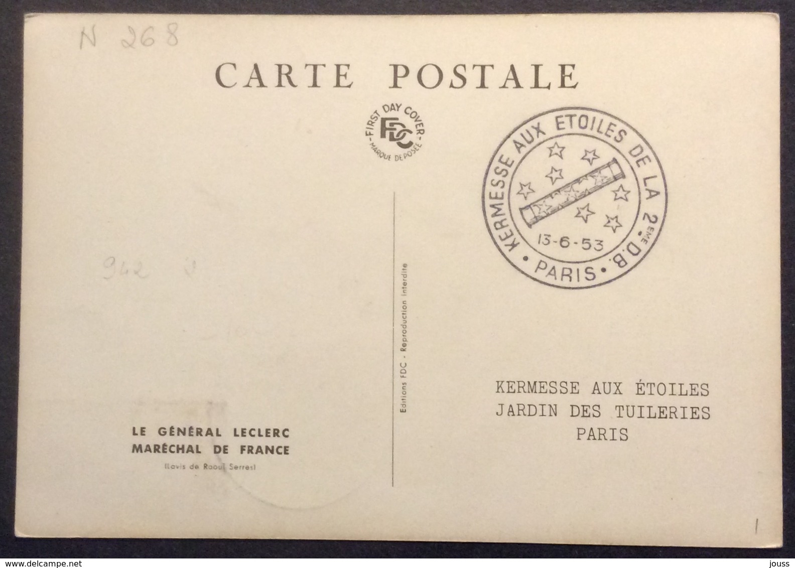 N268 Général Leclerc 942 Kermesse Aux Étoiles 2ème DB Paris 13/6/1953 Carte Maximum - 1950-1959