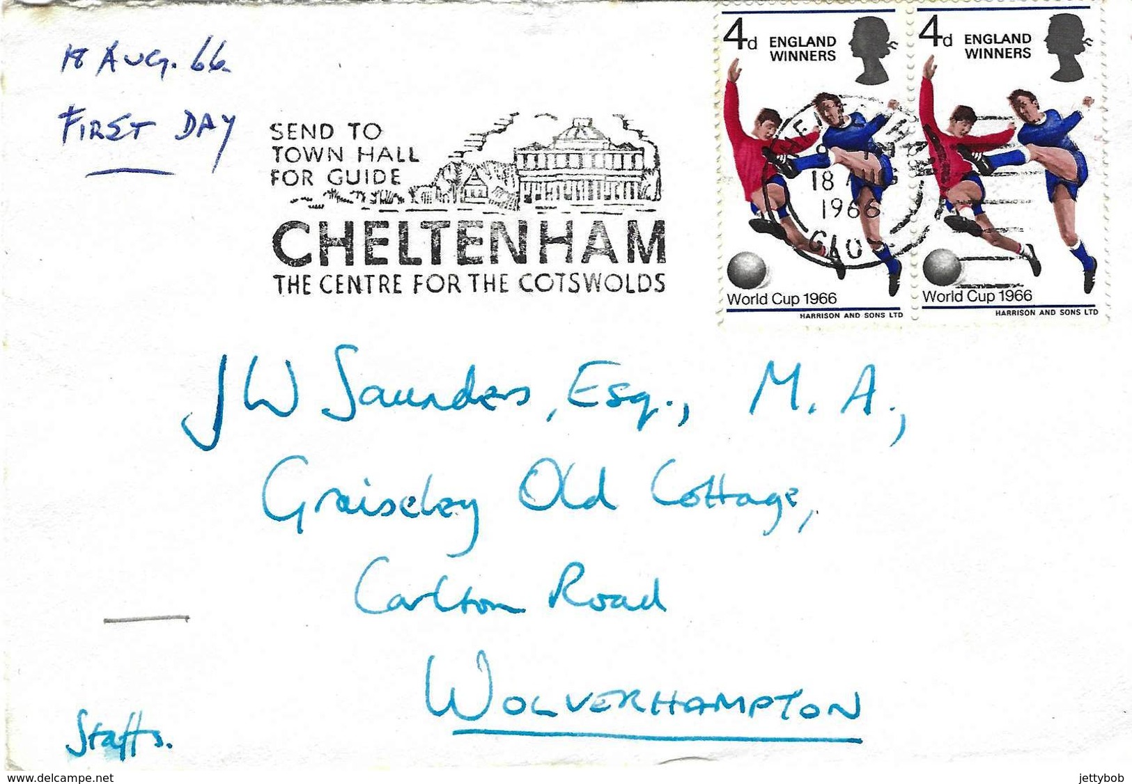 GB 1966 England Winners 4d X 2 Stamps Addressed FDC Postmarked Cheltenham 18.08.1966 - 1952-1971 Pre-Decimal Issues