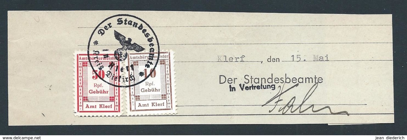 Gebührenmarke Amtsbürgermeister Amt Klerf - 10 & 50 Rpf Stempel "Der Standesbeamte In Klerf Kreis Diekirch" (15-05-1942) - Steuermarken