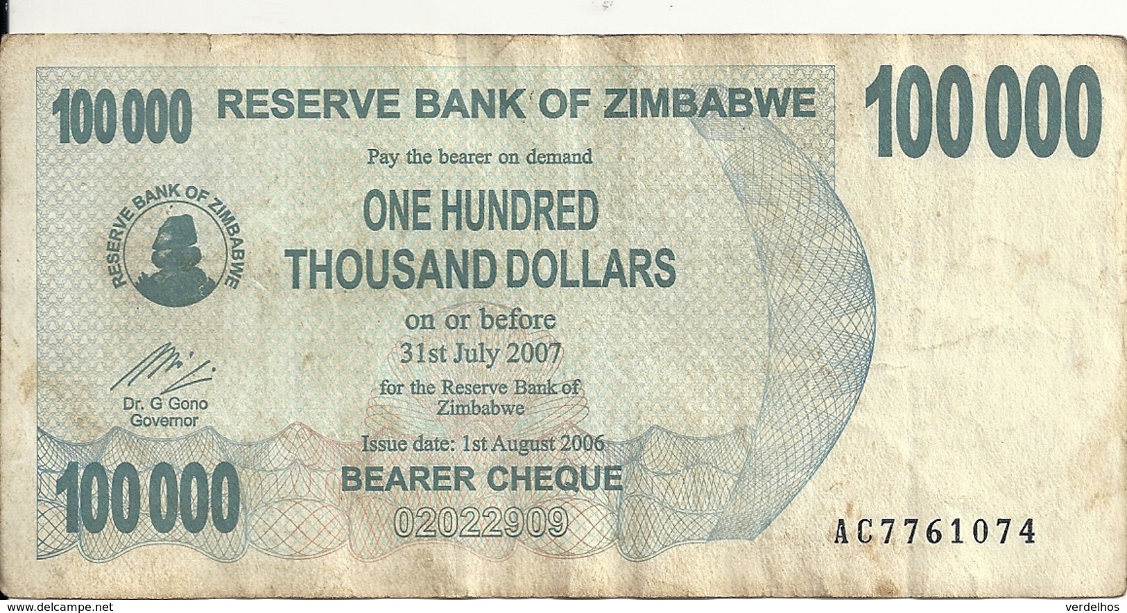 ZIMBABWE 100000  DOLLARS  BEARER CHEQUE 2006 VF P 48 B - Zimbabwe