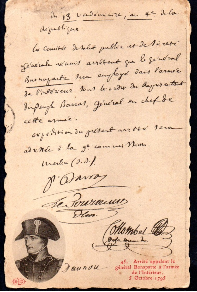 CPA  -  Arrété Appelant Le Général Bonaparte à L'armée De L'Intérieur - 5 Octobre 1795  -neuve  - - Storia