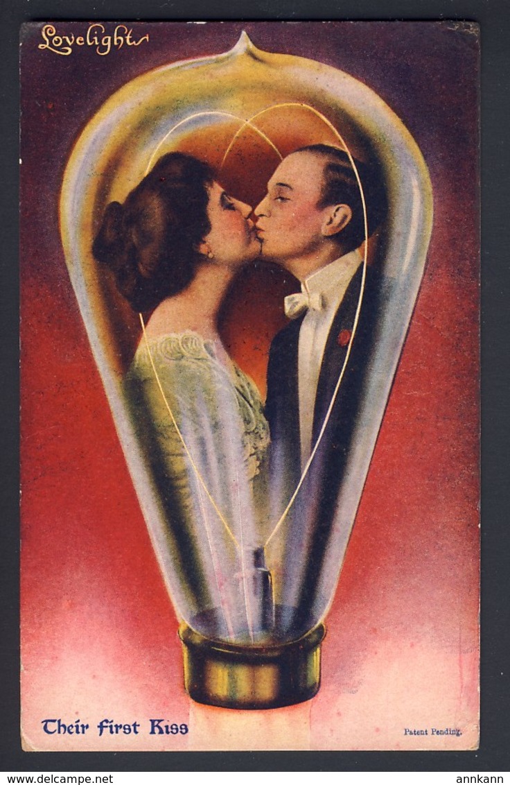 Lovelights - Couple Kissing Inside Filament Light Bulb, Their First Kiss  - 1909 Chicago Illinois USA - Humor