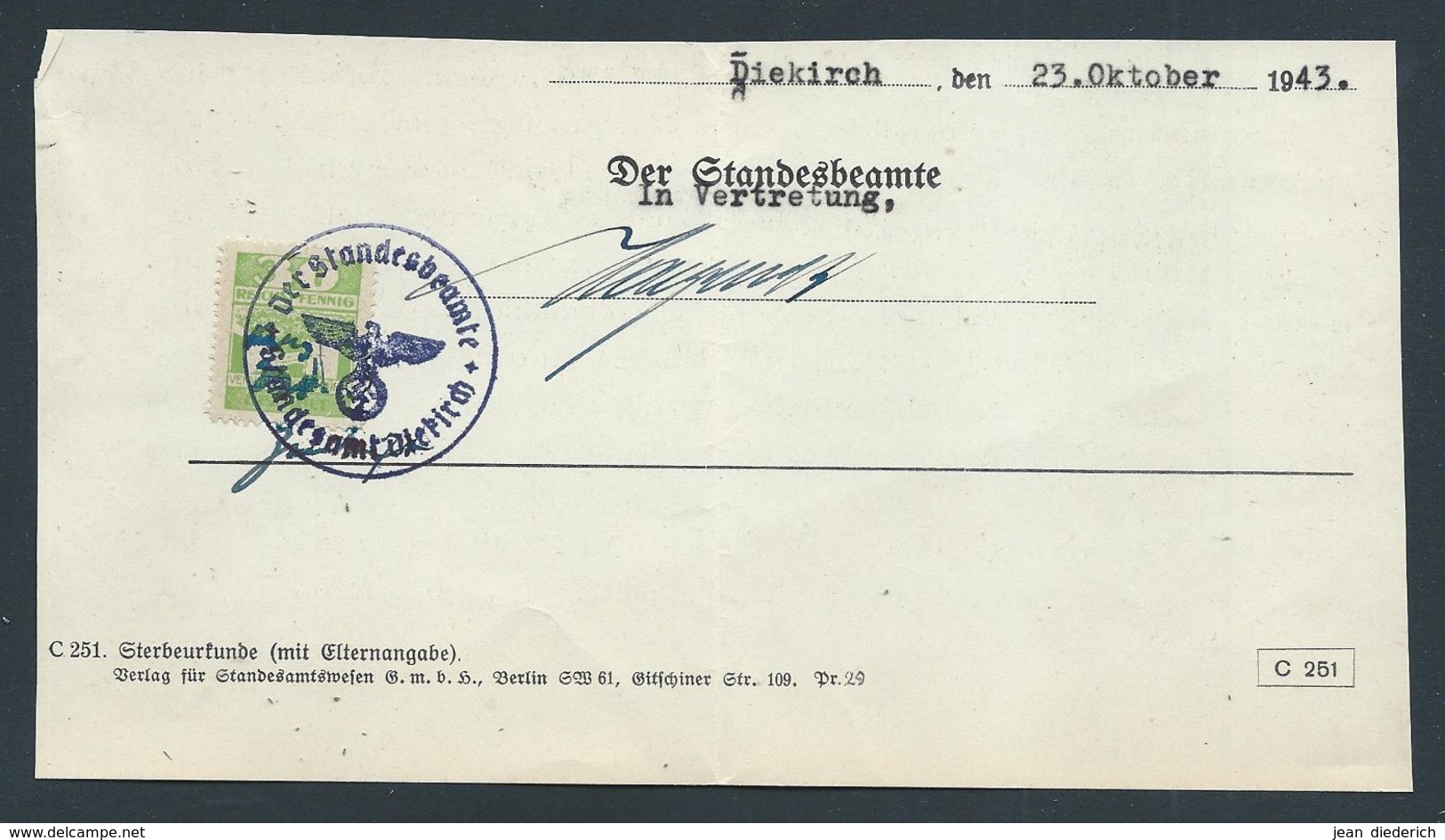 Gebührenmarke Diekirch - 30 Rpf Stempel "Der Standesbeamte Standesamt Diekirch" (23-10-1943) - Steuermarken