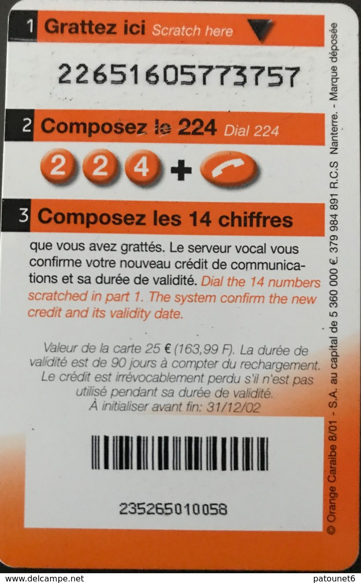 ANTILLES FRANCAISES - France Caraïbes Mobile - Orange - 25 Euros - Antilles (Françaises)