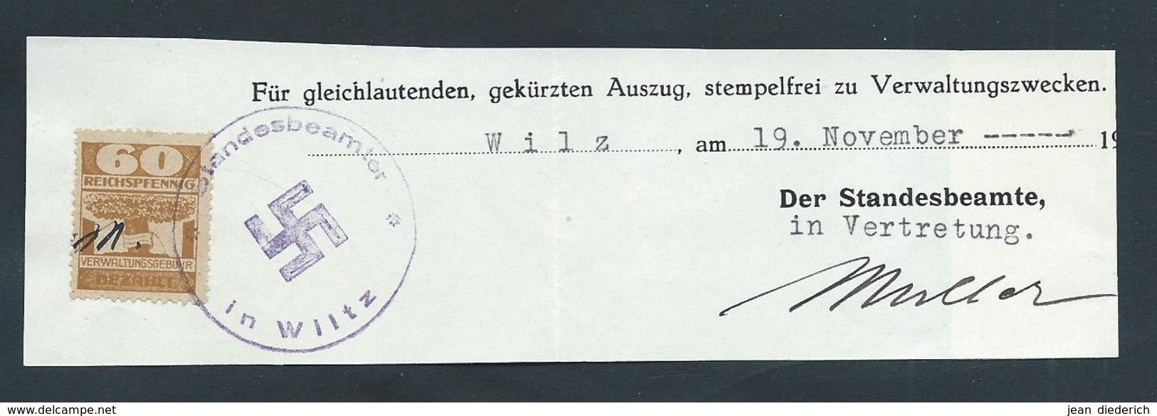 Gebührenmarke Wilz (Wiltz) - 60 Rpf Stempel "Standesbeamter In Wilz" (19-11-1941) - Steuermarken