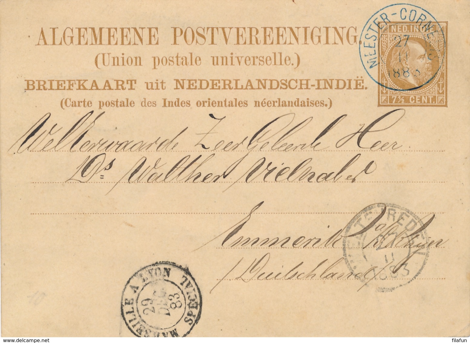 Nederlands Indië - 1883 - 7,5 Cent Willem III, Briefkaart G5 Van KR Meester Cornelis (Blauw) Naar Emmerik / Deutschland - Netherlands Indies