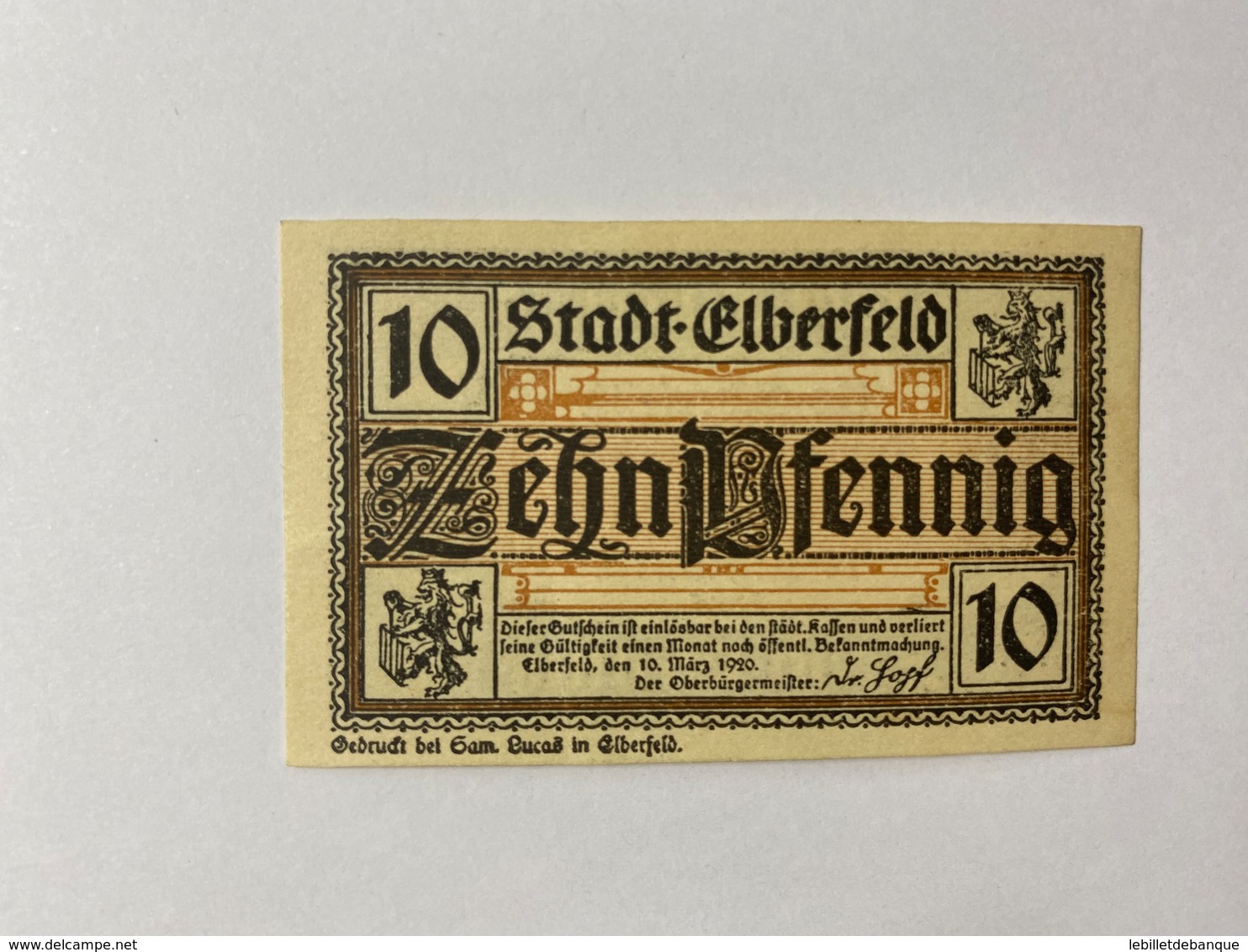 Allemagne Notgeld Elberfeld 10 Pfennig - Collections