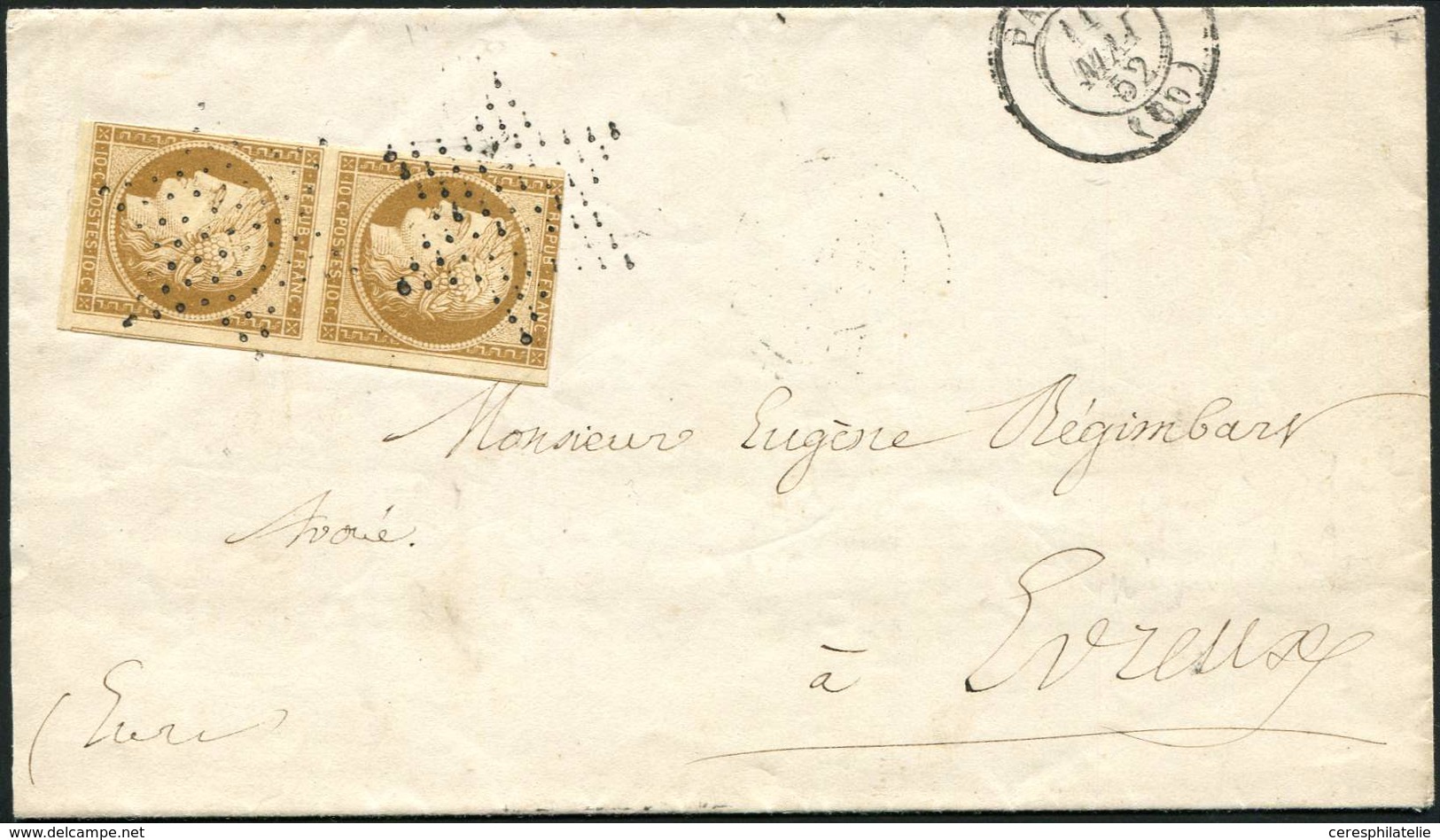 Let EMISSION DE 1849 - 1    10c. Bistre-jaune, PAIRE 1 Ex. Touché, Obl. ETOILE PLEINE S. Faire-part, Càd T1302 PARIS 11/ - 1849-1850 Cérès