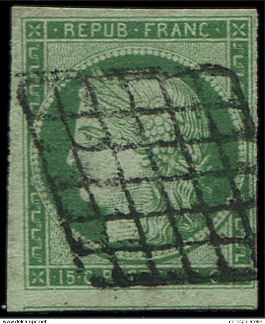 EMISSION DE 1849 - 2    15c. Vert, Oblitéré GRILLE, Filet De Voisin En Bas, TB - 1849-1850 Cérès
