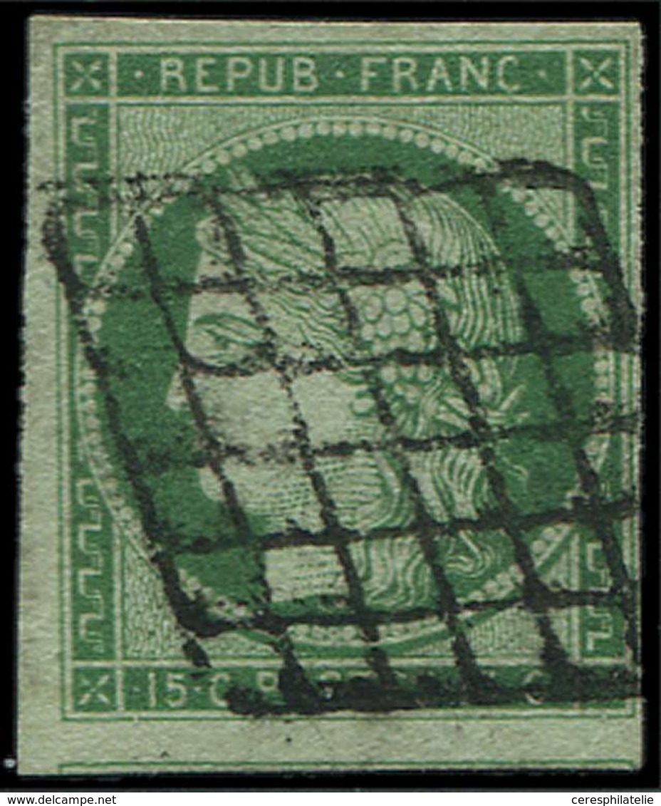 EMISSION DE 1849 - 2    15c. Vert, Oblitéré GRILLE, Filet De Voisin En Bas, TB - 1849-1850 Ceres