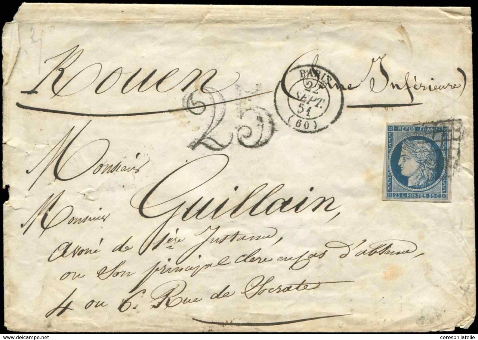 Let EMISSION DE 1849 - 4    25c. Bleu, Obl. GRILLE S. Env., Càd T15 PARIS 22/9/51 Et Taxe 25 DT, TB - 1849-1850 Ceres