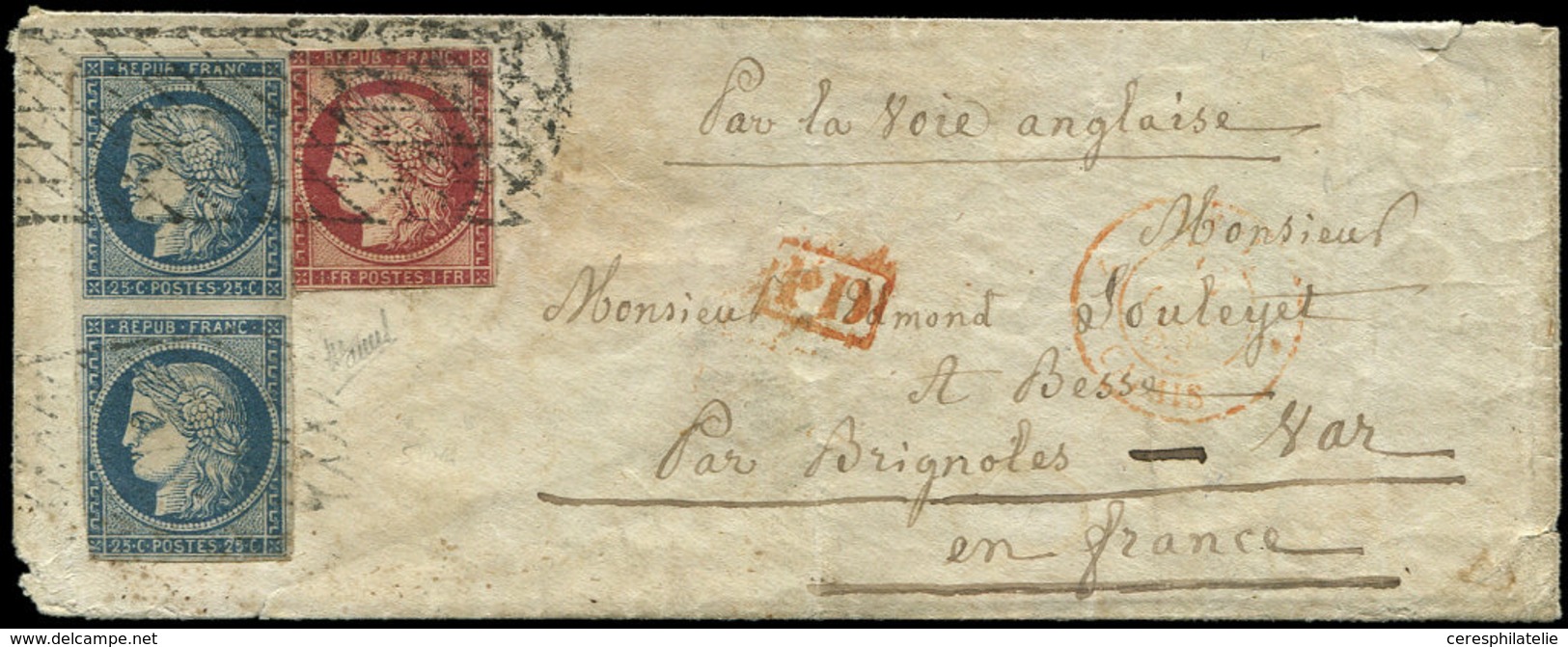 Let EMISSION DE 1849 - 4    25c. Bleu PAIRE (effl. En Angle) + N°6 1f. Carmin Effl., Obl. GRILLE SANS FIN Apposée à L'ar - 1849-1850 Ceres