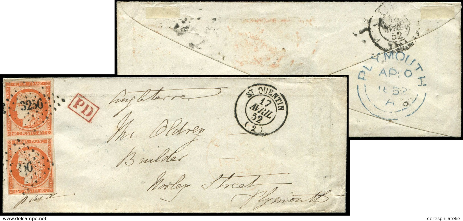 Let EMISSION DE 1849 - 5    40c. Orange, PAIRE, Obl. PC 3256 S. Env., Càd T15 ST QUENTIN 17/4/52, Arr. Càd Bleu PLYMOUTH - 1849-1850 Cérès