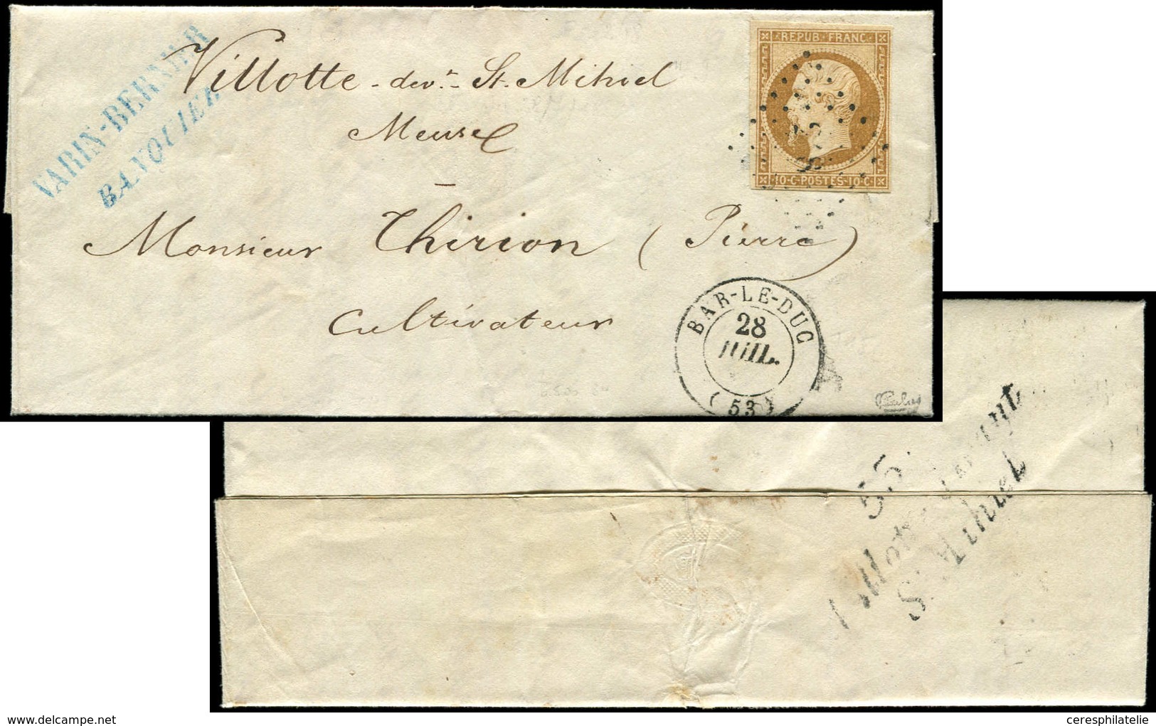 Let PRESIDENCE - 9    10c. Bistre-jaune, Obl. PC 248 S. LAC, Càd T15 BAR LE DUC 28/7/(53), Au Verso Cursive 53/VILLOTTE- - 1852 Luis-Napoléon