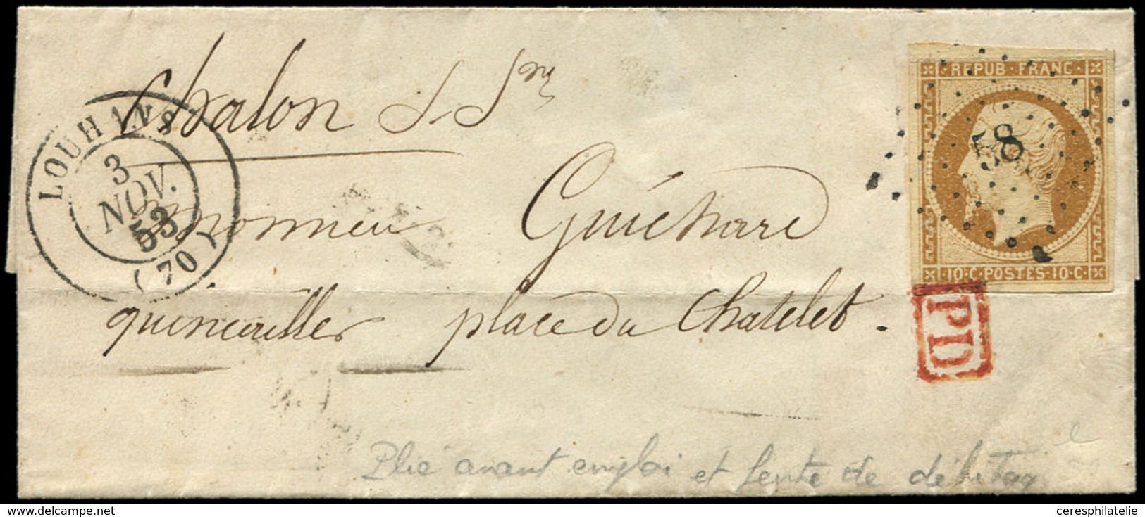 Let PRESIDENCE - 9    10c. Bistre Jaune, Défx, Obl. PC 58 Sur Petite LSC, Càd T15 LOUHANS 3/11/53, Aspect TTB - 1852 Louis-Napoléon