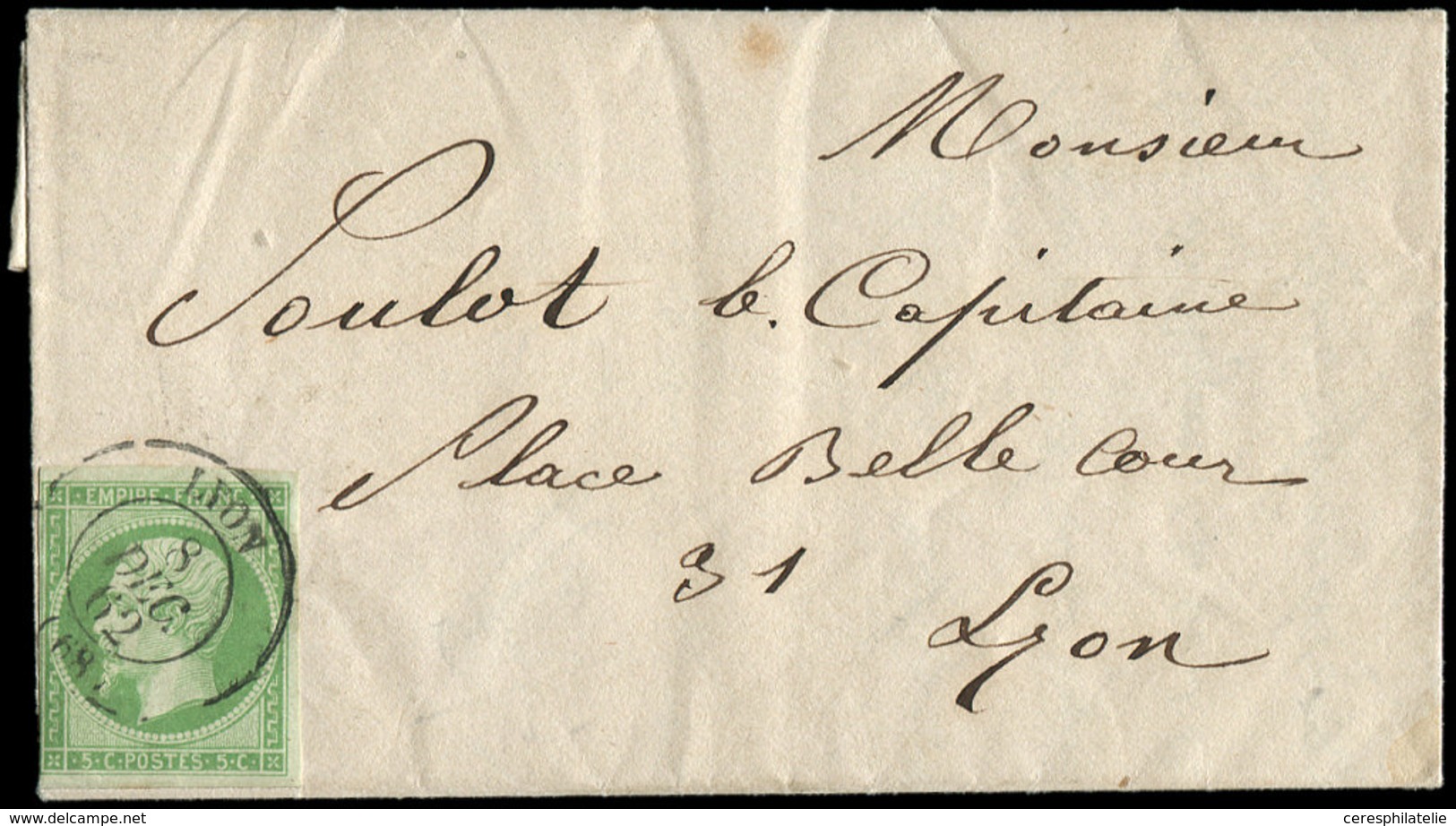 Let EMPIRE NON DENTELE - 12    5c. Vert, Tangent Au Filet à G., Obl. Càd T15 LYON 8/12/62 SEUL S. LAC Locale, TB - 1853-1860 Napoleon III