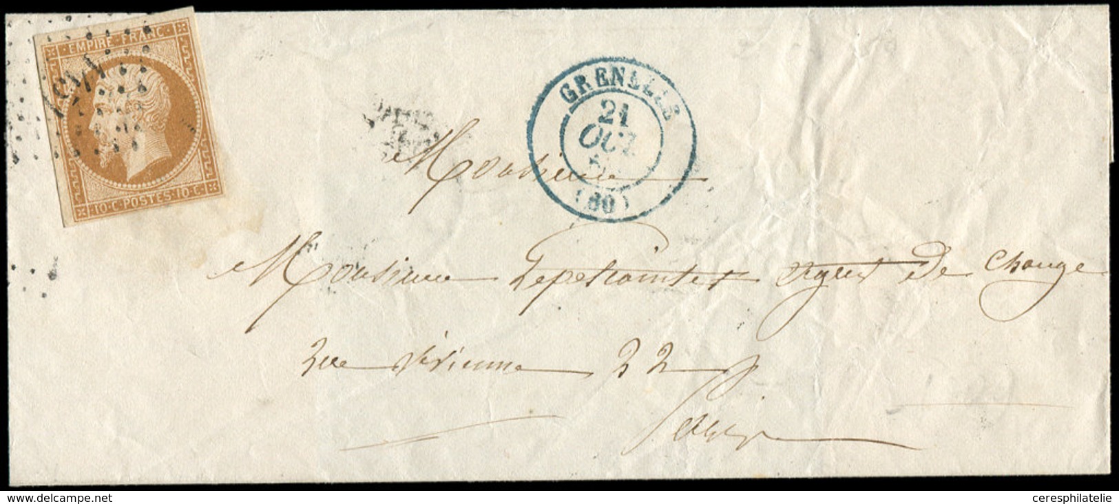 Let EMPIRE NON DENTELE - 13A  10c. Bistre, T I, Obl. PC 1451 S. LSC, Càd T15 GRENELLE 21/10/59 En BLEU, TTB - 1853-1860 Napoleon III