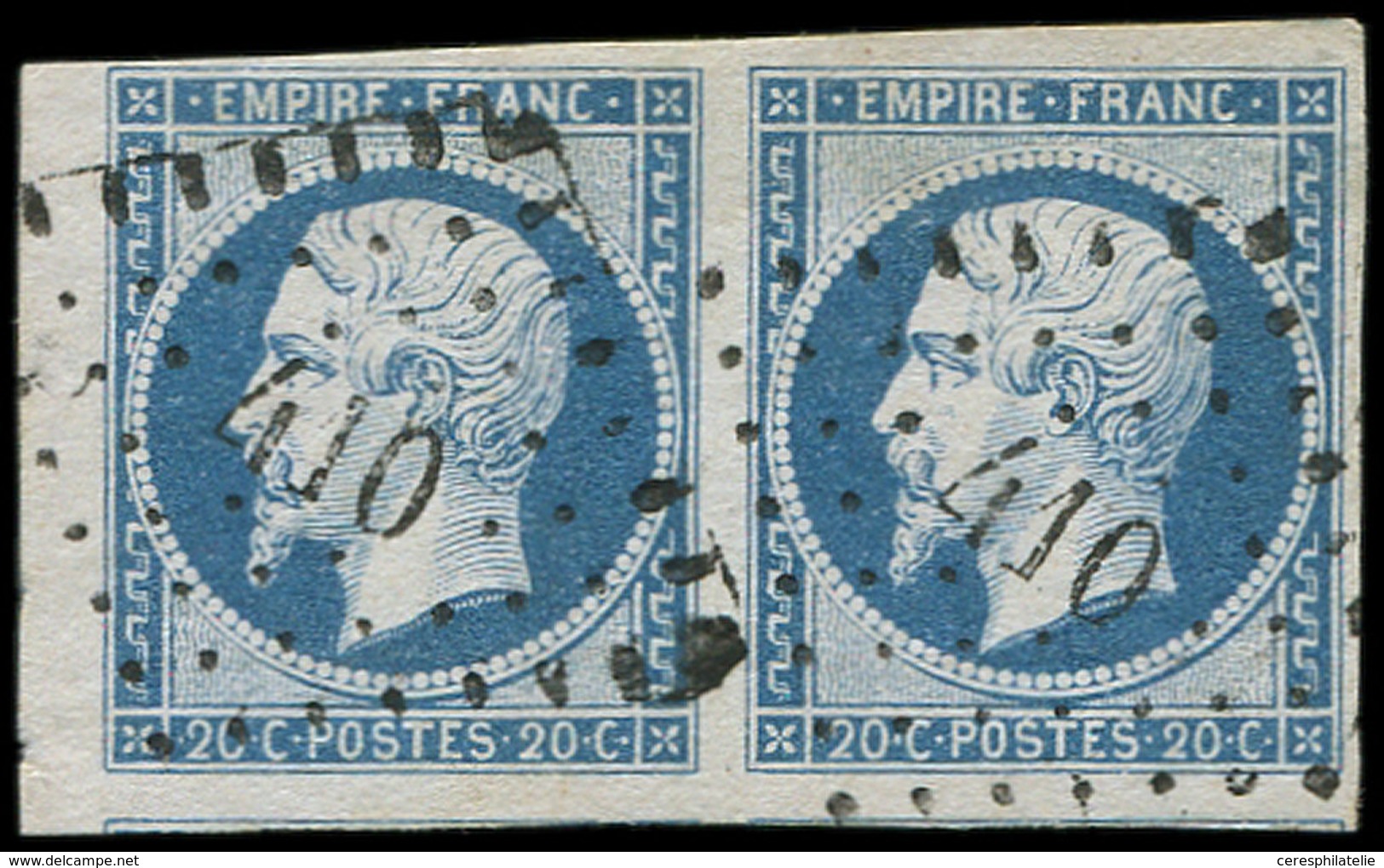 EMPIRE NON DENTELE - 14A  20c. Bleu, T I, PAIRE Marges énormes, Obl. PC 410, TTB - 1853-1860 Napoléon III