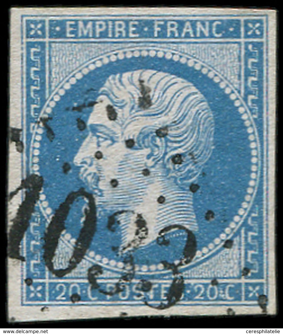 EMPIRE NON DENTELE - 14B  20c. Bleu, T II, Obl. GC 1033, Frappe Superbe - 1853-1860 Napoleon III