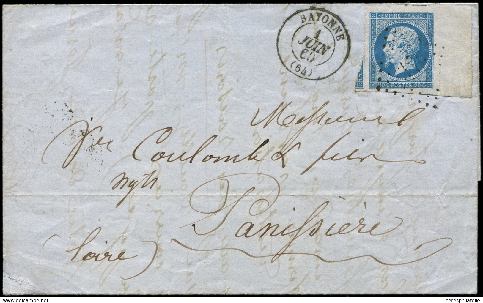 Let EMPIRE NON DENTELE - 14A  20c. Bleu, Bdf Et Voisin à Gauche Obl. PC 295 S. LAC, Càd T15 BAYONNE 1/6/60, Superbe - 1853-1860 Napoleon III
