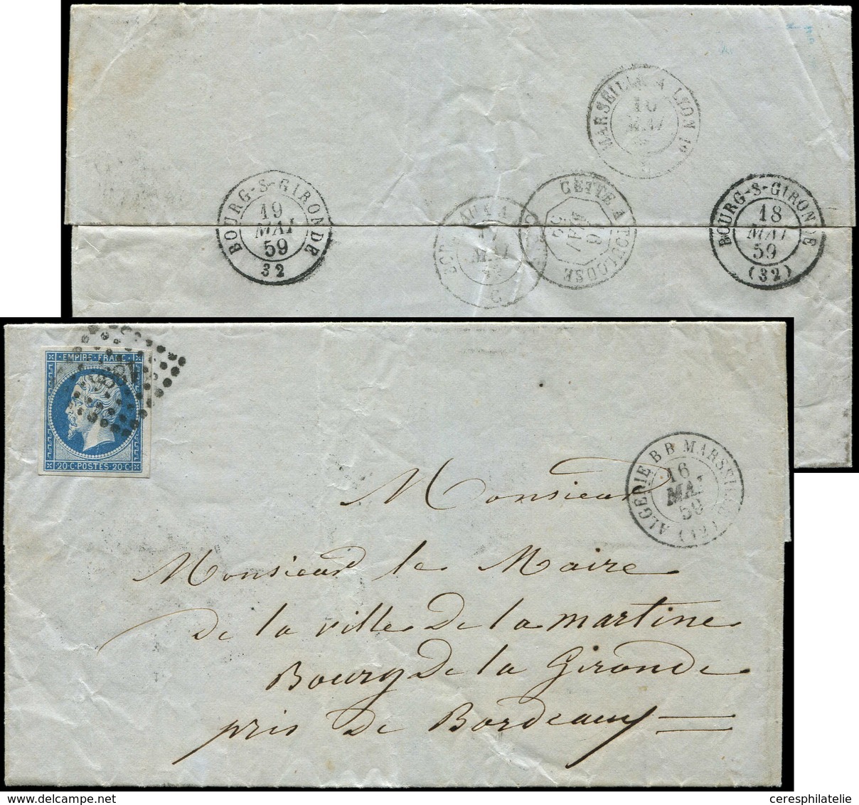 Let EMPIRE NON DENTELE - 14A  20c. Bleu Obl. PC 1896 S. LAC, Càd ALGER BB MARSEILLE 16/5/59, Ind. 22, TTB - 1853-1860 Napoléon III.