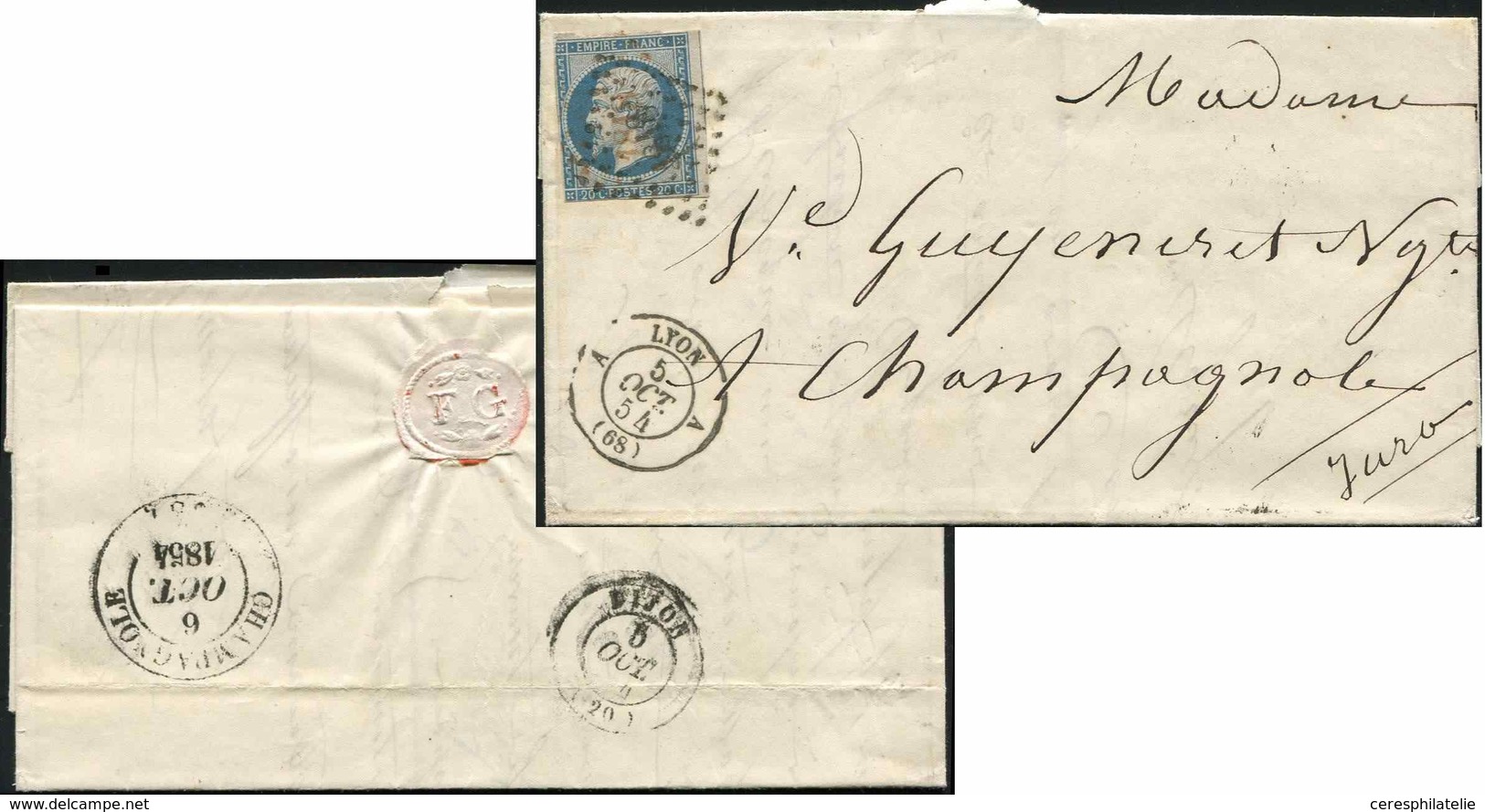 Let EMPIRE NON DENTELE - 14A  20c. Bleu, T I Déf., Obl. PC 1818 En Noir ET En ROUGE S. LAC, Càd A LYON A 5/10/54, Jamais - 1853-1860 Napoléon III.