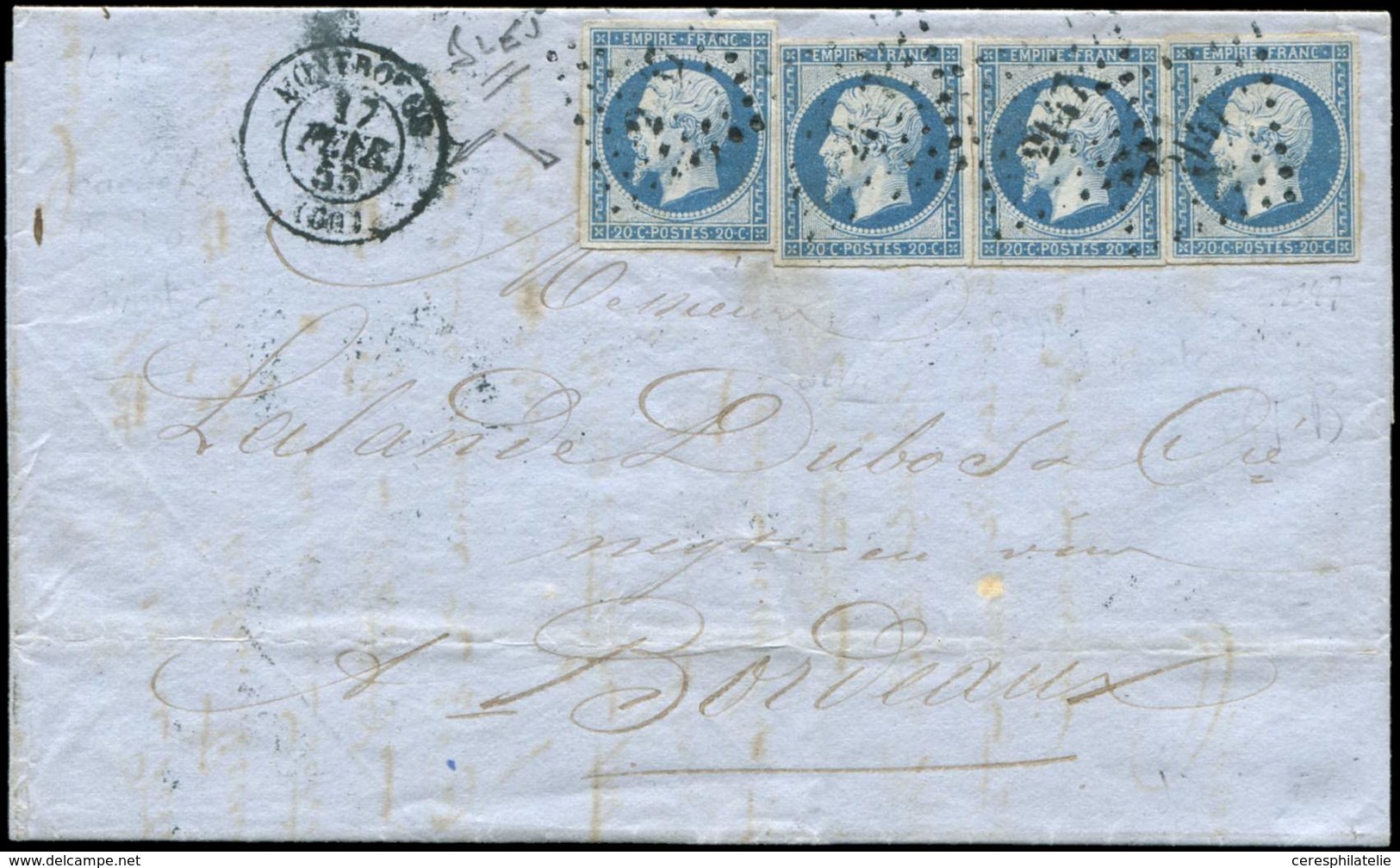 Let EMPIRE NON DENTELE - 14A  20c. Bleu, T I, 4 Ex. Obl. PC 2147 S. LAC, Càd T15 MONTROUGE 17/2/55, Le Tout En BLEU, TB - 1853-1860 Napoléon III.