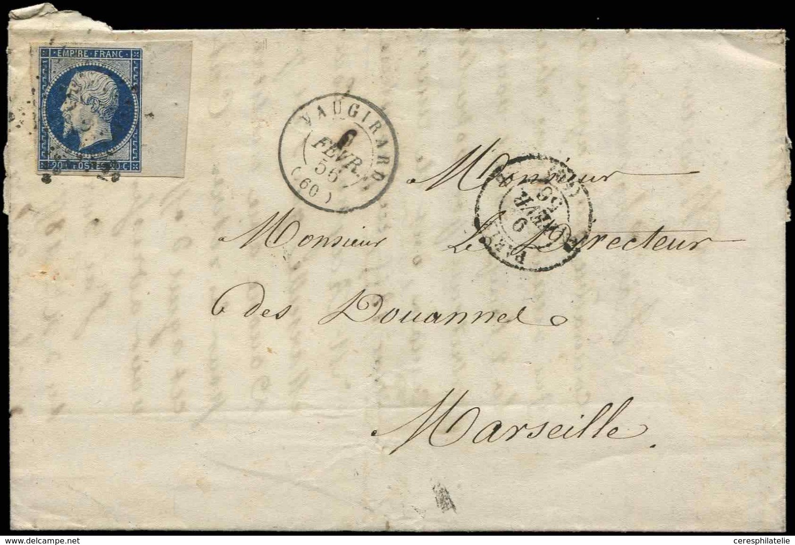 Let EMPIRE NON DENTELE - 14Aa 20c. Bleu Foncé, T I, BORD De FEUILLE, Obl. PC 3502 S. LAC, Càd VAUGIRARD Et PARIS 9/2/56, - 1853-1860 Napoleon III