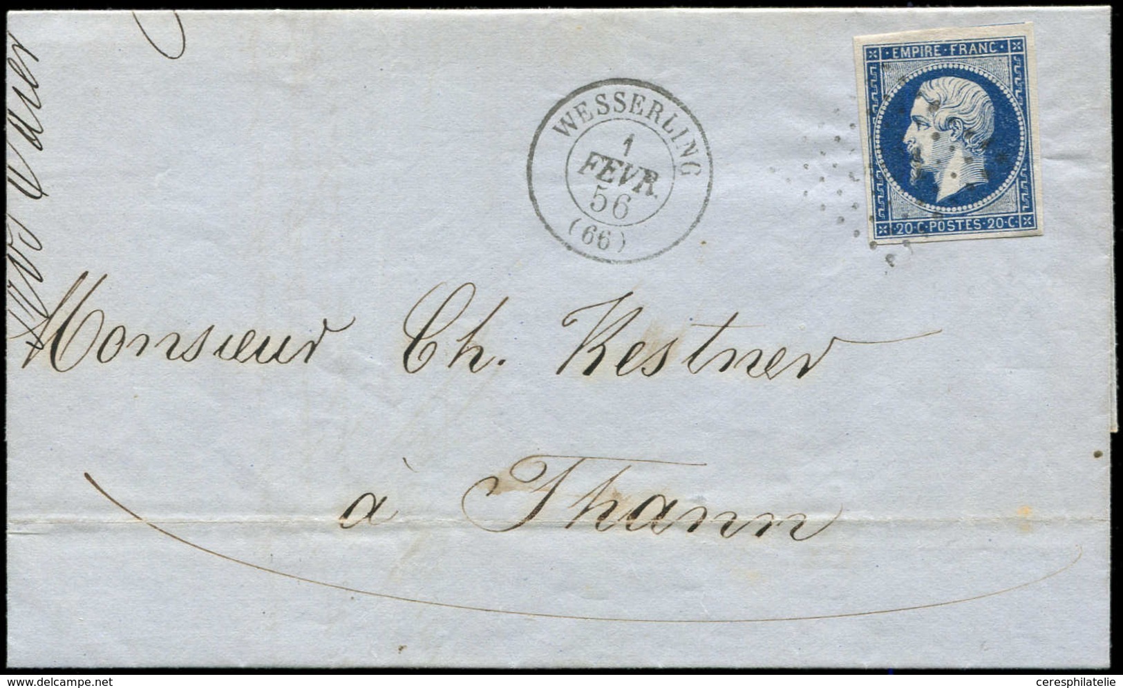 Let EMPIRE NON DENTELE - 14Aa 20c. Bleu Foncé, T I, Obl. PC 3691 S. LSC, Càd T15 WESSELING 1/2/56, Sup. - 1853-1860 Napoléon III