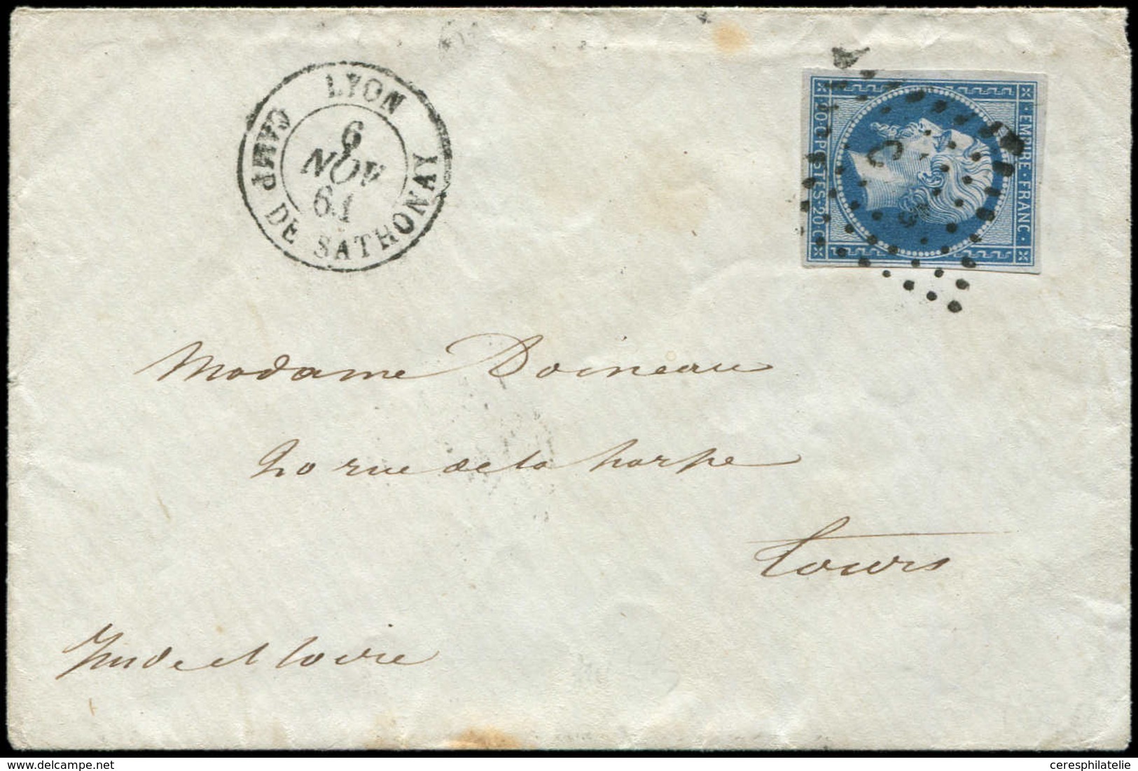 Let EMPIRE NON DENTELE - 14B  20c. Bleu Obl. Los. C.d.S S. Env., Càd LYON CAMP DE SATHONAY 6/11/61, TTB - 1853-1860 Napoléon III.