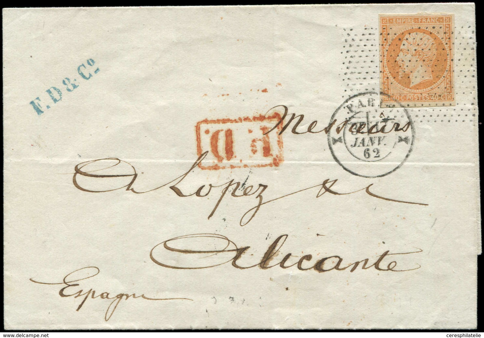 Let EMPIRE NON DENTELE - 16   40c. Orange, Obl. Roulette De Petits Points N°3421 S. LSC, Càd N°1367 "diabolo" 17/1/62, I - 1853-1860 Napoléon III.